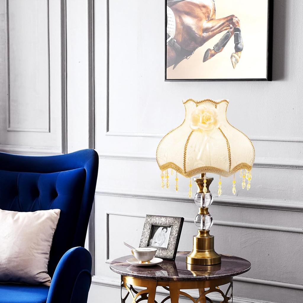 Luxshiny Vintage Lamp Shade, Victorian Lampshade with Beads Fringe Scallop Dome Lamp Cover European Cloth Lamp Covers Replacement Clip-on Lamp Shade