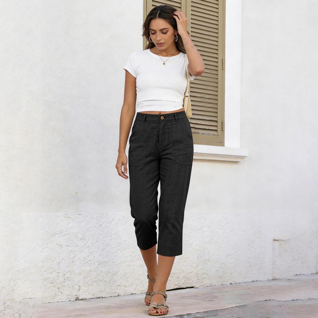 Women Elastic High Waist 3/4 Pant Casual Fit Wide Capris Leg Pants Trousers With Pockets