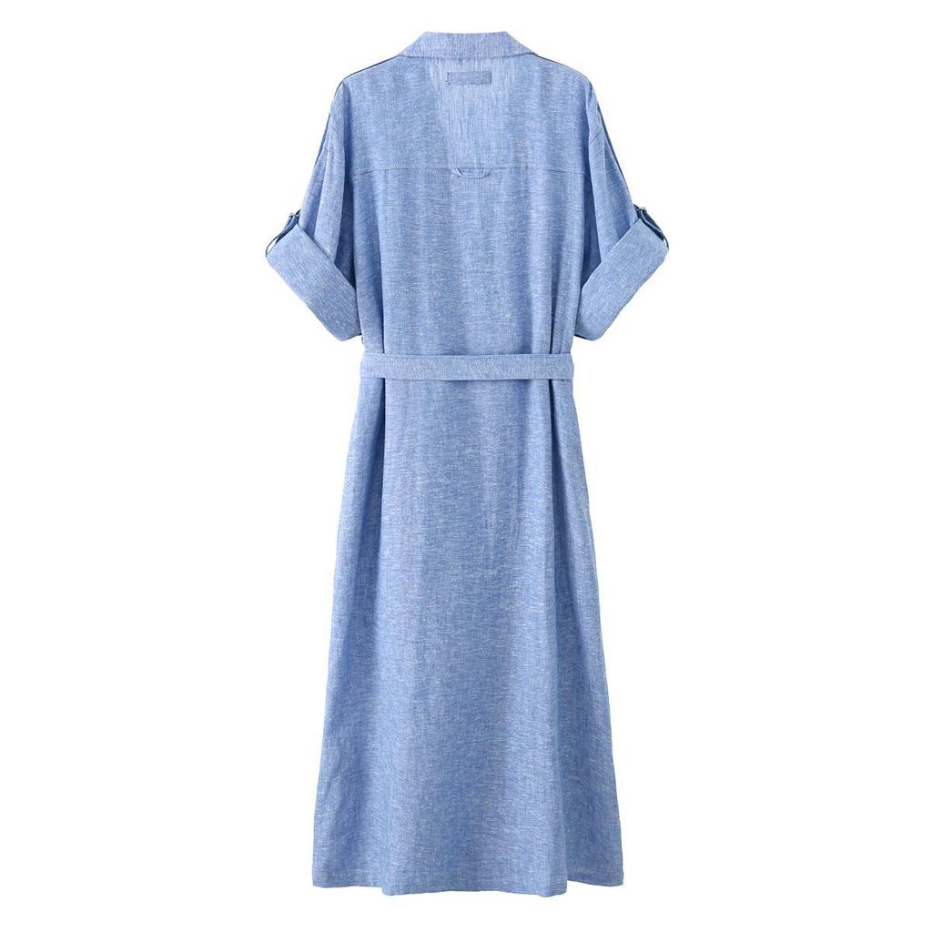 European and American style, new women's clothing, linen long-sleeved lapel with belt, Midi long dress.
