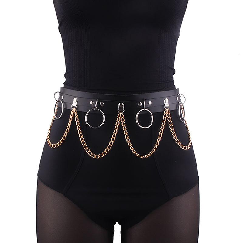 Sexy Women Gothic Hiphop Belt with Chain Harajuku Punk Style Jk Waist Adjustable Disco Dancing Pu Dress Jeans Waist Chain