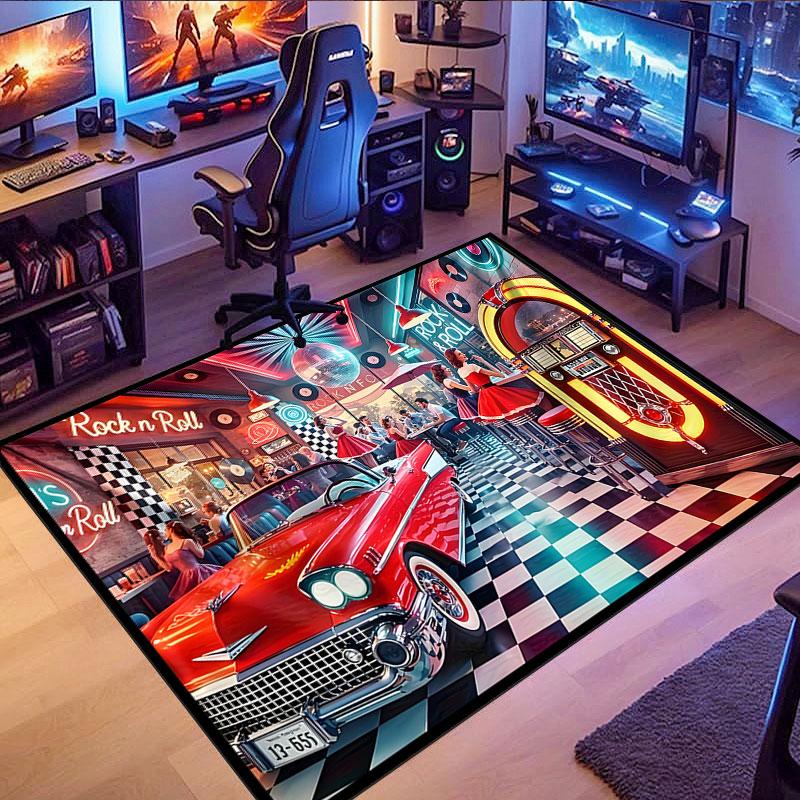 Retro Car & Rock Bar Themed Rug, Non-slip Rug, Suitable for Living Room, Bedroom, Game Room, Computer Room and Home Décor.
