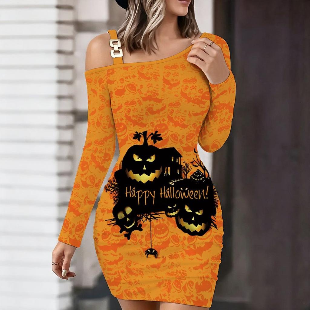 Women's One Shoulder Long Sleeve Bodycon Mini Dress, Skeleton Print Ruched Slim Fitting Party Dress
