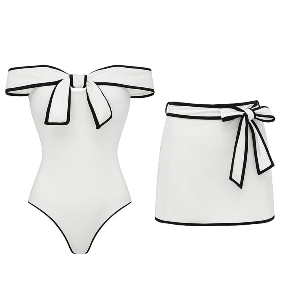 1011 European and American swimwear new black and white color matching sweet girl bow one-piece swimsuit female explosion