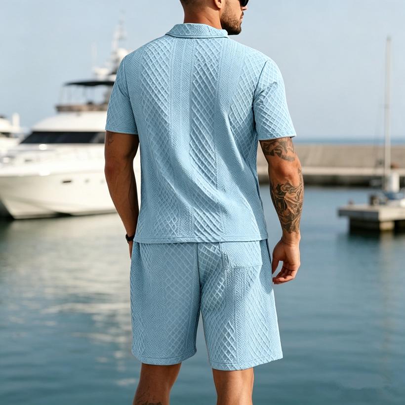 2026 Summer Fashion Sports Style Short Two Piece Set Men's Casual Solid Color Jacquard Short Sleeves Pullover POLO Shirt Shorts 2 Piece Sets