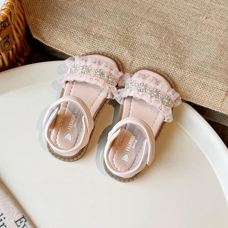 

Сандалии для маленьких девочек, милые кружевные плиссированные детские летние сандалии принцессы на плоской подошве, модные детские сандалии с жемчугом для свадебного платья 21 розовый
