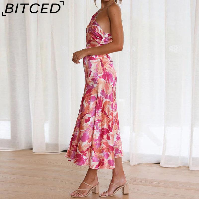 BITCED Women's Commuter Dress: Minimalist, Elegant, and Stylish with a Slanted Neckline, Straps, and a Fishtail Print