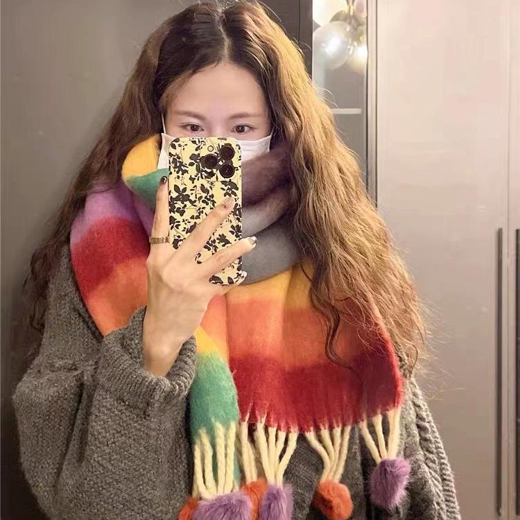 Brushed Warm Women's Soft Waxy Striped Cold Proof Long Dopamine Tassel Fur Ball Scarf