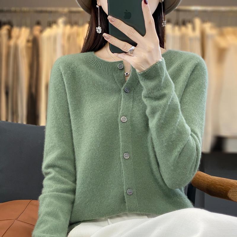 

Женский кардиган из шерсти высокого класса - Круглый вырез, Длинный рукав, Универсальный вязаный свитер, Готовый к носке осенне-зимний верхний слой M (100-110 jin)