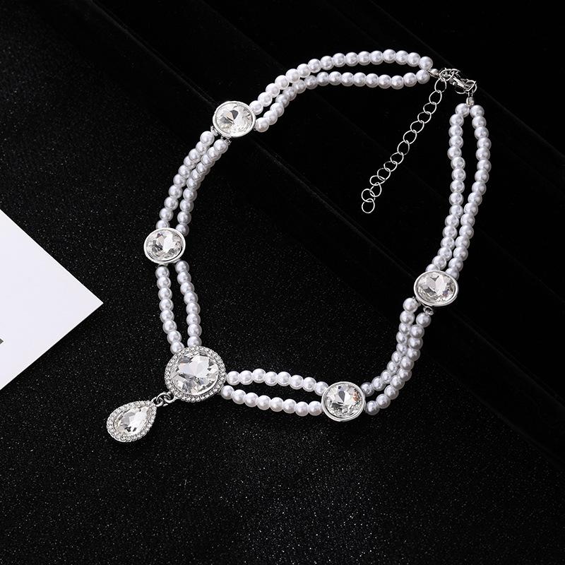 Pearl retro diamond necklace French temperament high-end niche design double-layer woven beaded collarbone chain