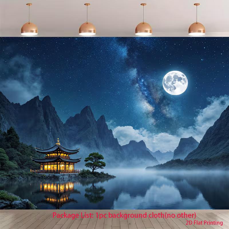 

2D Full Moon Galaxy Landscape Background Cloth Oriental Pavilion Lake Tapestry for Party Decoration 47.2x31.5inch/120*80cm