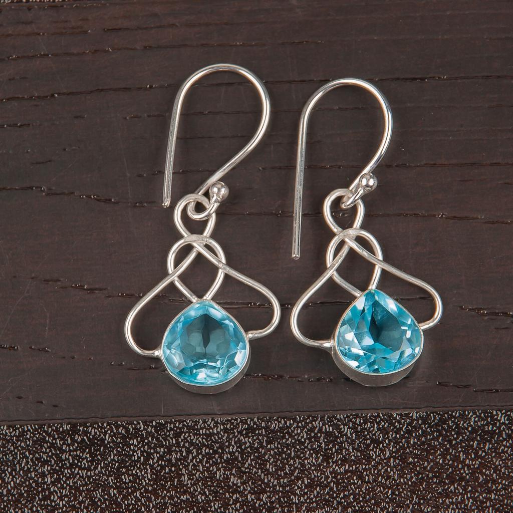 Sky Blue Topaz Gemstone 925 Stamped Silver Handmade Earrings 1.50" Gift For Wife EE-2-4
