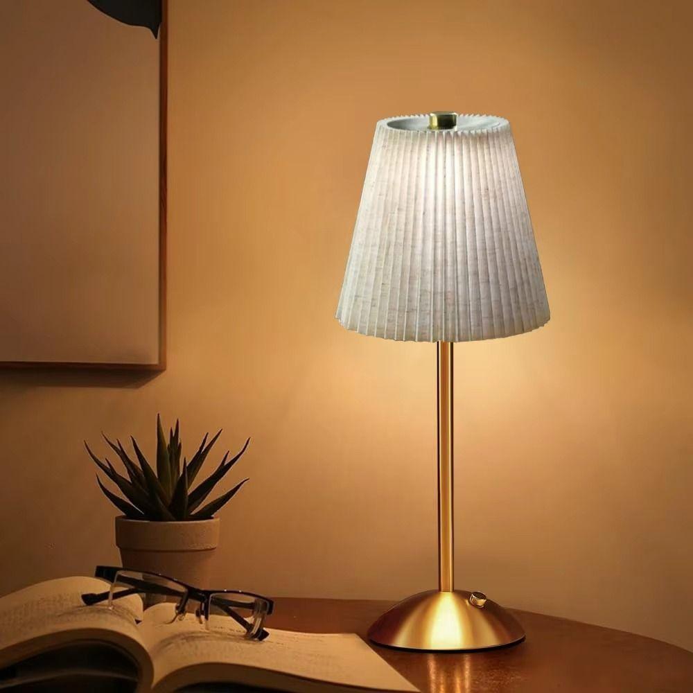 Metal Base Pleated Desk Lamp Fabric Shade Dimmable Touch Bedside Lamp USB Charging Soft Lights LED Night Light Living Room