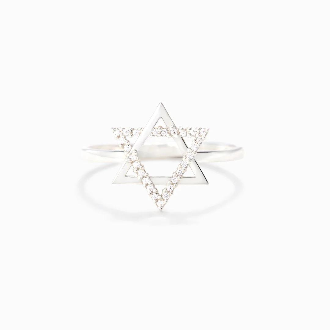 Jüdischer Davidstern Ring für Damen   KupferZirkonia Fingerring Schutz Amulett Schmuck Weihnachtsgeschenke 9&Light Yellow Gold Color white