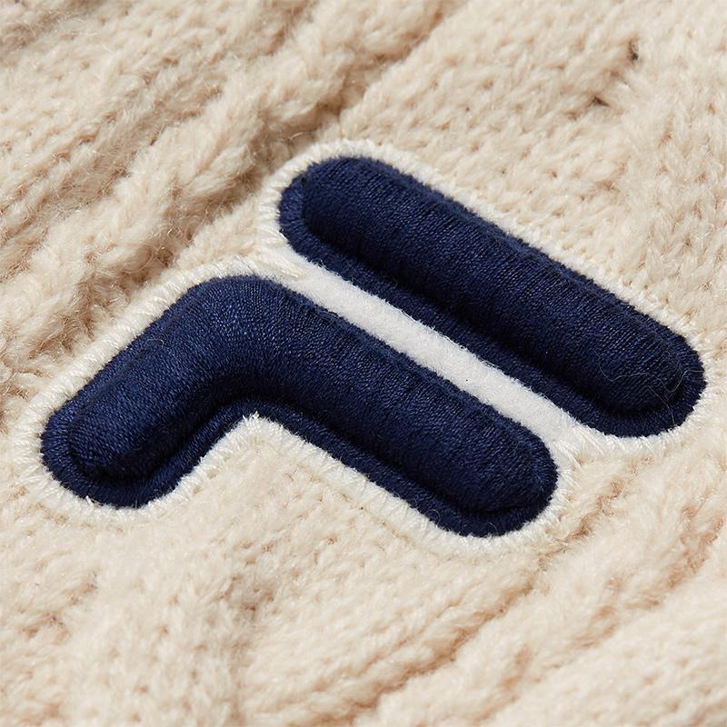 Fila Fusion Retro College Fashion Versatile V-Neck Knit Sweater Women Tops Milk-Beige T11W433403FBG