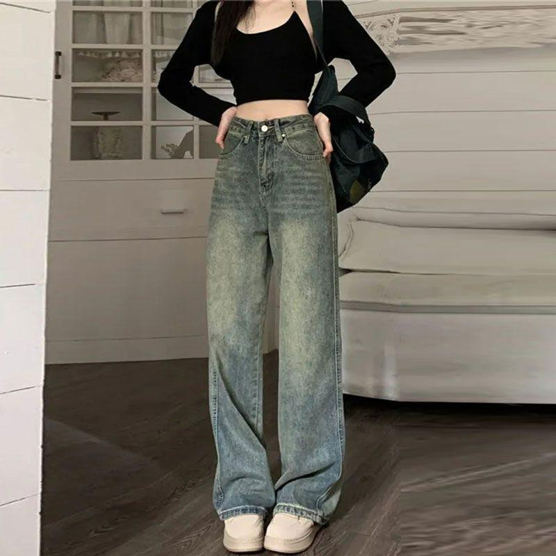 Nostalgia Straight Jeans Women Spring and Autumn Outside Wear Pear-shaped Casual Retro Loose Drag Ground Wide Leg Trousers Long Denim Pants