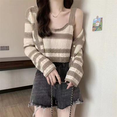 Striped Knitted Cardigan for Women Sense Design Pure Desire Summer and Autumn Suspender Two-piece Set of Sweater Cardigan Female