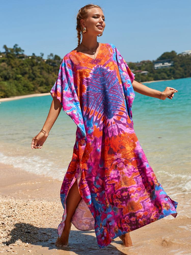 EDOLYNSA Vícebarevný kaftan s bohémským potiskem, s výstřihem do V, netopýřími rukávy, maxi šaty pro ženy, plážové oblečení, maxi šaty s polovičním rukávem, župan