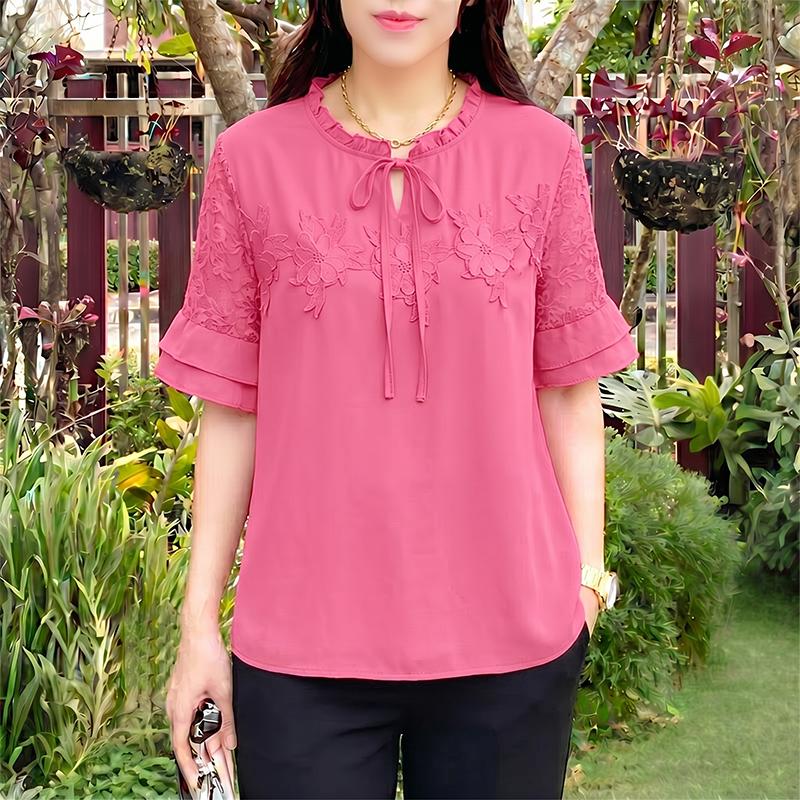 ZANZEA Women Lace Splice Casual Round Neck 3/4 Sleeve Blouse S розовый