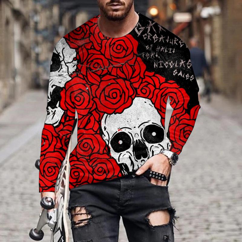 

Весенне-осенние футболки с круглым вырезом и 3D-принтом в виде черепа, модные повседневные мужские футболки с длинным рукавом 5XL