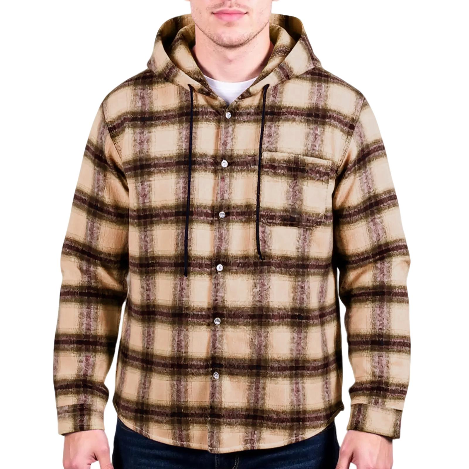 

Мужская спортивно-повседневная свободная клетчатая куртка-рубашка с капюшоном L кофейный