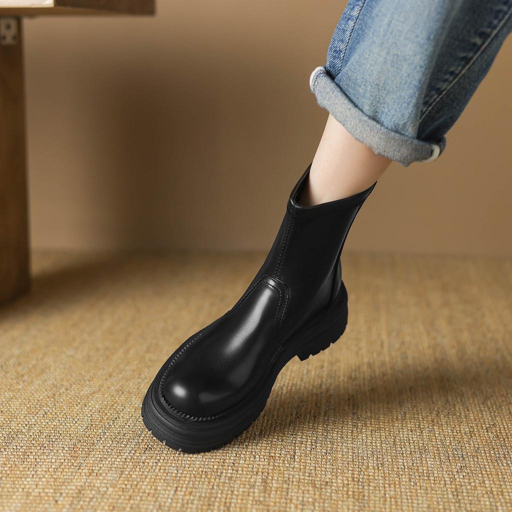 Krazing Pot Microfiber Autumn Winter Shoes Thick High Heels Zipper Platform Size 43 Motorcycle Boots Brown Color Ankle Boots