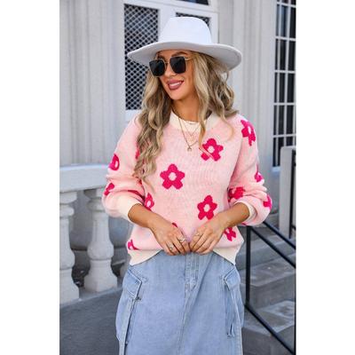 Women's Autumn and Winter Floral Long Sleeve Crew Neck Knit Printed Sweater