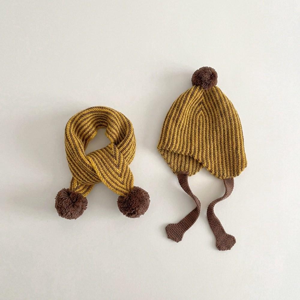 2Pcs/Set Stripe Knitted Pom Pom Hat Vintage Neck Warmer Casual Children Hat Scarf Set Outdoor
