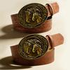 American Western Denim Double Horse Head Embossed Plate Buckle Belt Vintage Paisley Embossed PU Belt Decorative Belt
