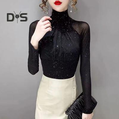 Women Long Sleeves Top Sexy Black Vintage French Pleated Mock Turtleneck Solid Color Slim Fit Soft Stretch Ladies Female Long Sleeves Shirt Undershirt