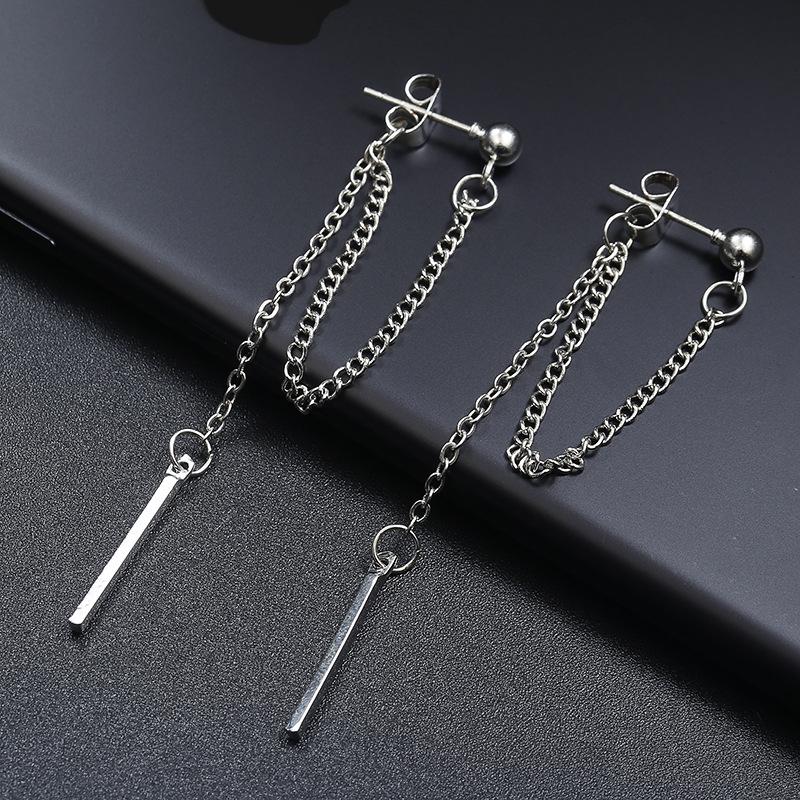 

Korean Style Simple Silver Tassel Stud Earrings with One-Word Back Hanging Design