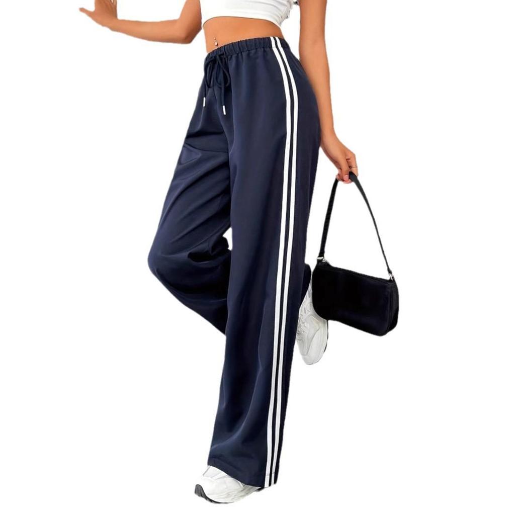 Spring Women's Elastic Waist Drawstring Pants with Side Stripes - Casual High Waist Straight Leg Sportswear