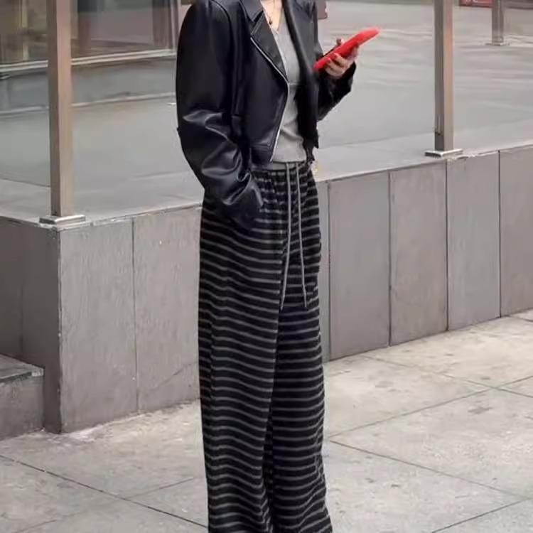 Women's Striped Wide-Leg High-Waisted Pants - Lazy Spring 2025 Korean Style Casual Trousers