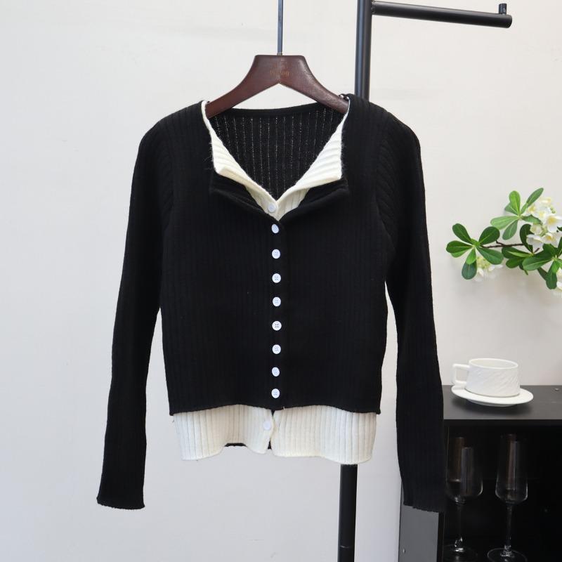 Contrasting color fake two-piece long-sleeved knitted cardigan autumn new slim-fitting and thin design bottoming top women