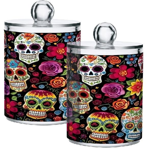 Colorful Skulls 2PC Airtight Transparent Plastic Storage Jar Food Storage Container Plastic for Food Herbs Tea etc with Storage Lid easy to use and