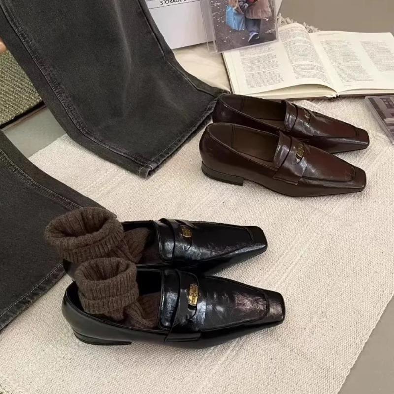 Vintage Small Square Toe Soft Leather Comfortable Low Heel Shoes Women's All-match 1 Slip-on Lefu British Leather Shoes