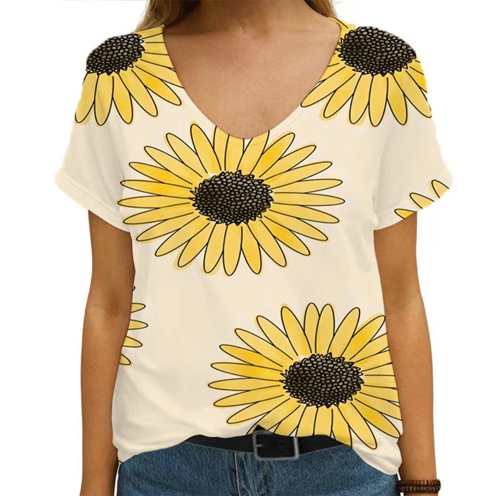 3D Printed Sunflower Women's T-shirt, V-neck Streetwear T-shirt, Harajuku T-shirt, Women's Plus-size T-shirt