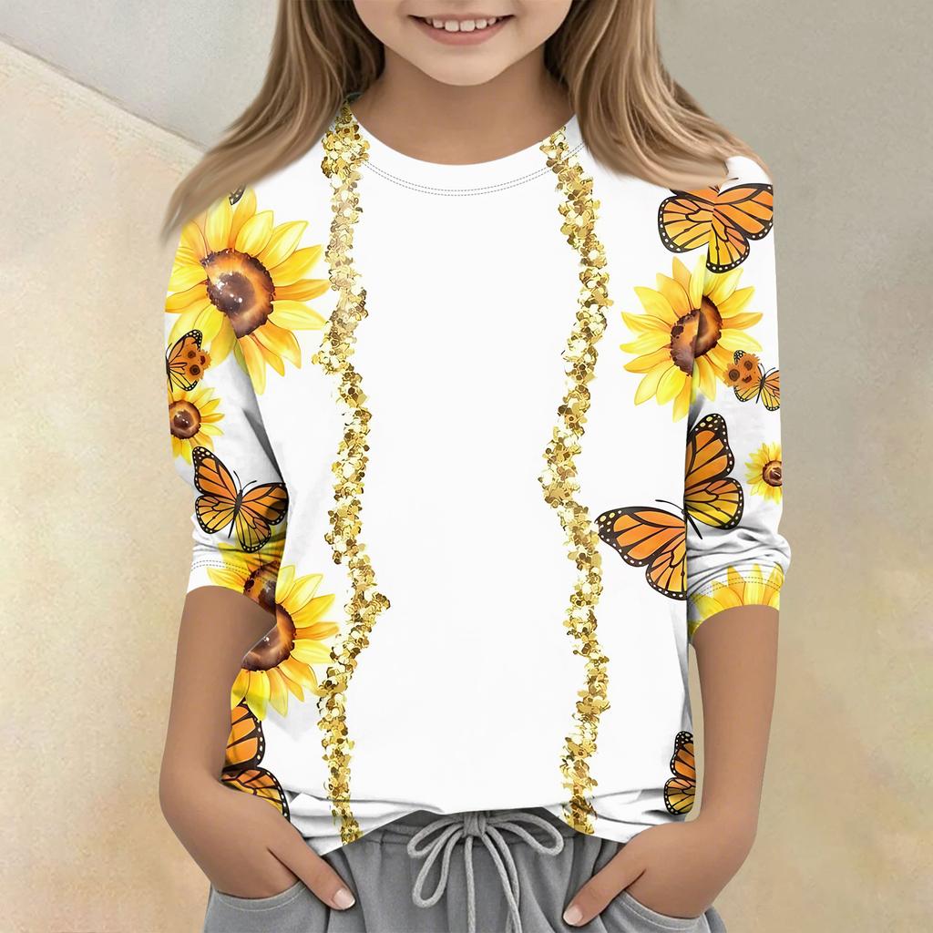 Children's Printed Round Neck Seven Quarter Sleeve Casual T-shirt