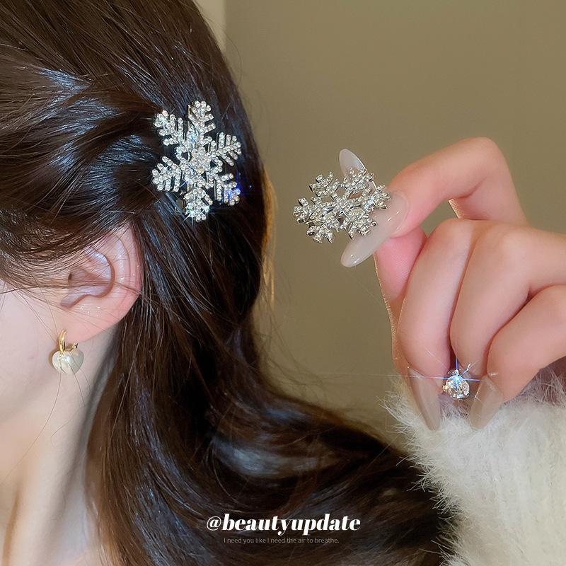 Simple diamond-encrusted snowflake hairpin light luxury side bangs clip duck bill clip exquisite super flash