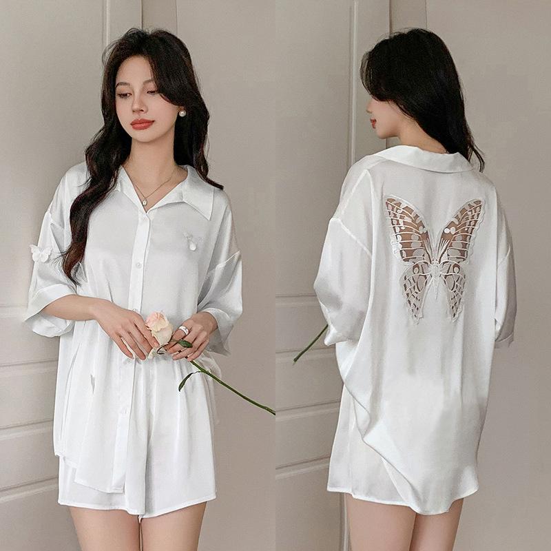 Butterfly Pajamas Summer Cardigan Short Sleeve Shorts Set Lapel Loose and Comfortable Ice Silk Satin Pajama Set