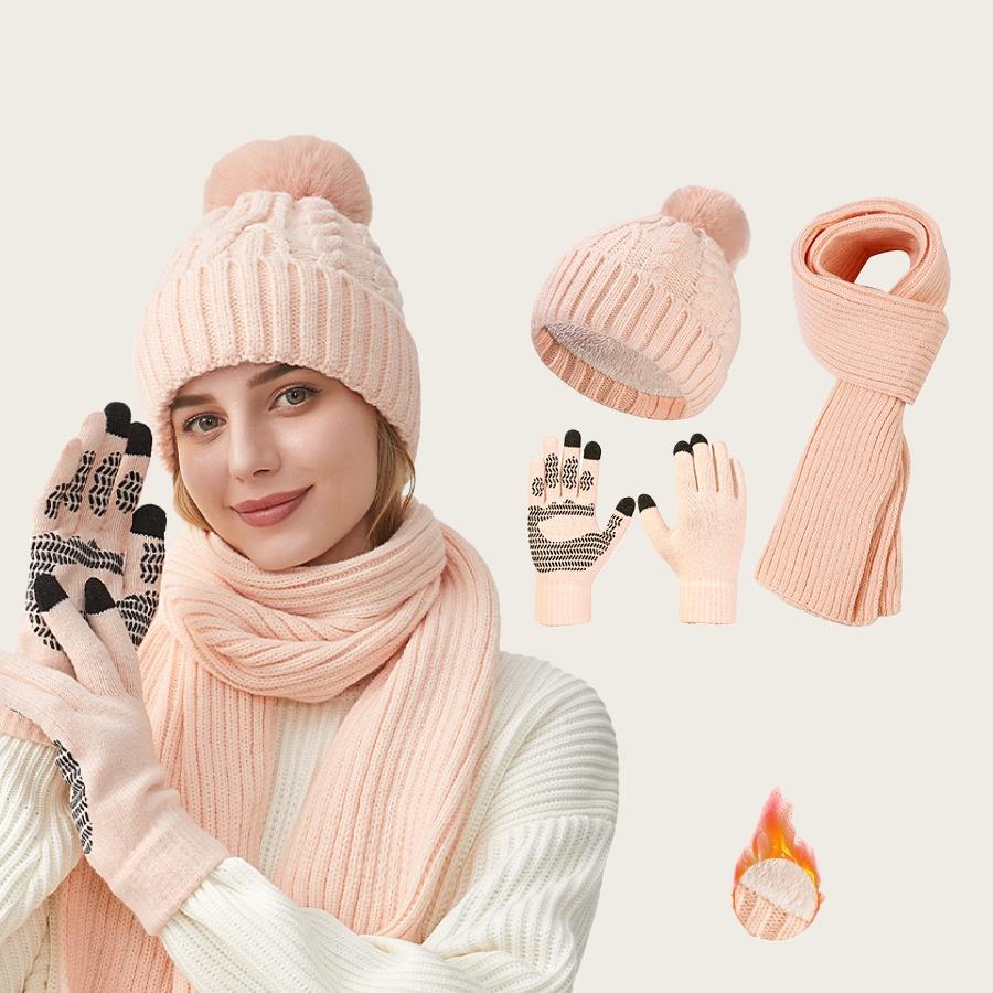 Knitted Hat Scarf Gloves Women's Winter Thick Ear-Warming Hat and Neck Warmer Set 3Pcs
