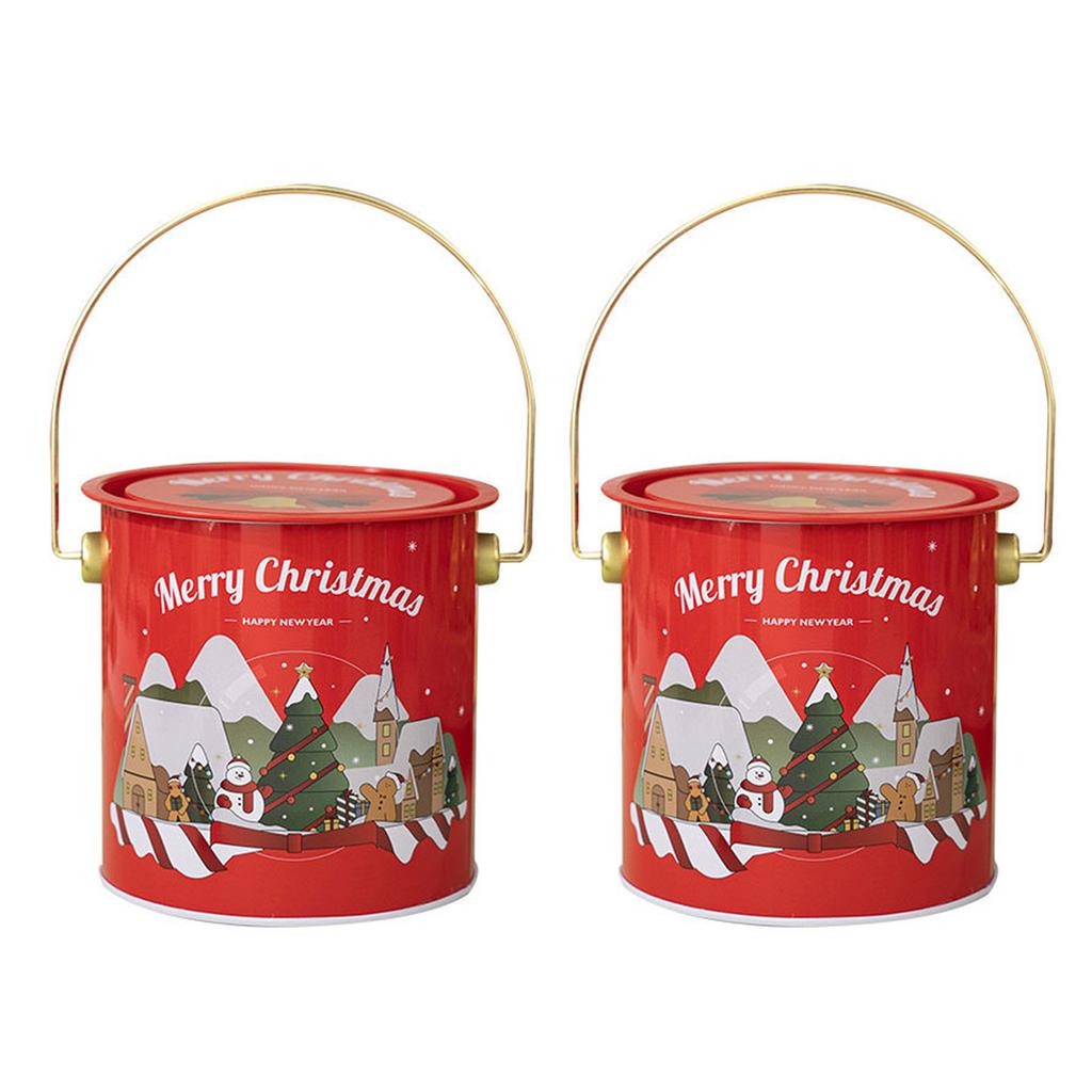 2pcs Christmas Candy Boxes with Handle Handheld Round Bucket Sweets Packaging Tins Portable Tinplate Candies Holders
