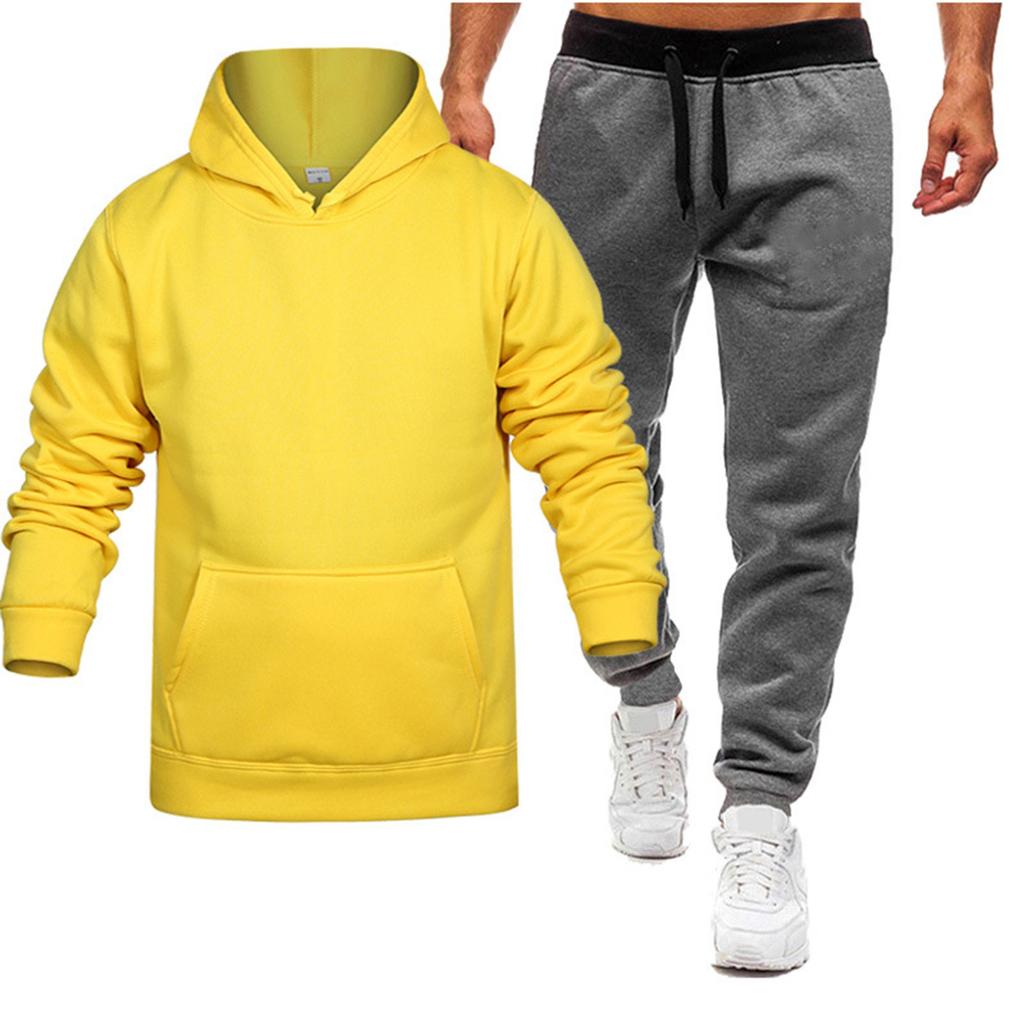 Men's Winter Solid Color Long-Sleeved Hooded Drawstring Sweatshirt And Sweatpants Suit