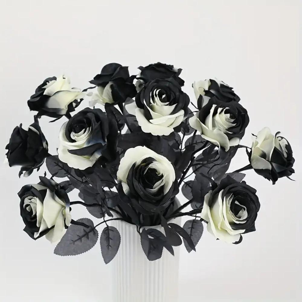 Black White Halloween Artificial Rose Flowers Gothic Simulation Flowers  Bridal Wedding Bouquet
