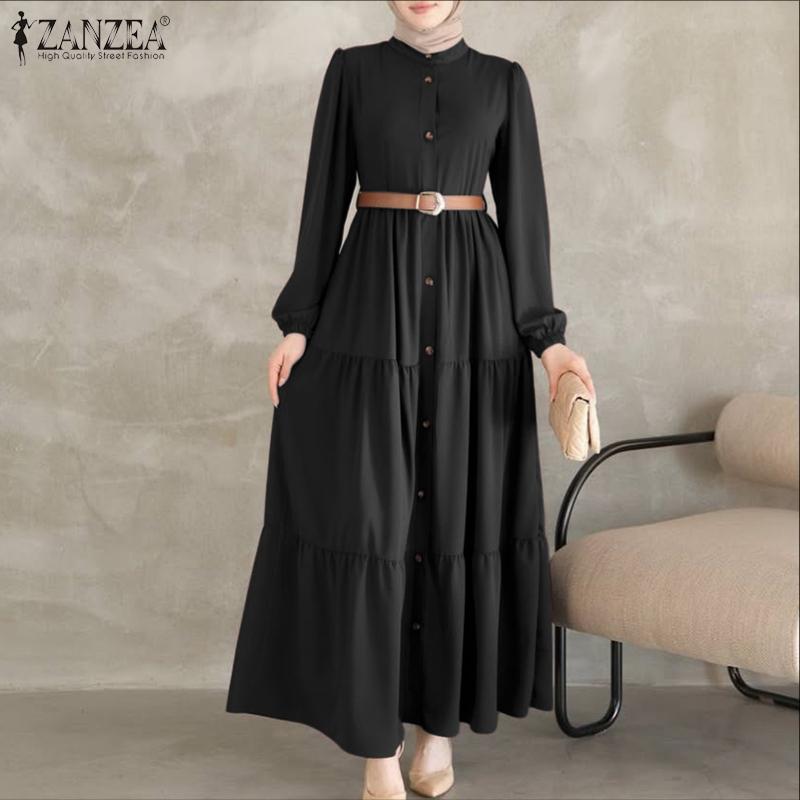 ZANZEA Muslim Women Round Neck Loose Casual Long Sleeve Dress