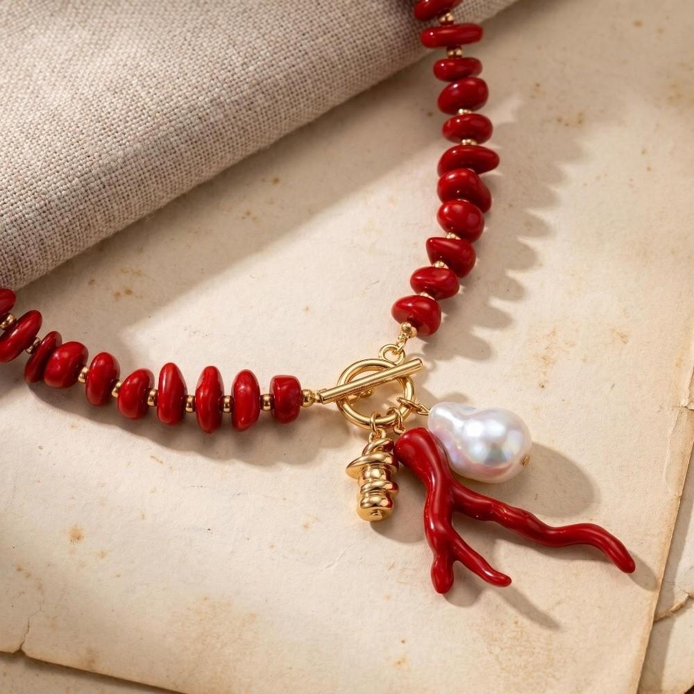 Baroque Pearl Coral Beads Necklace Red Bridal Jewelry Accessories Wedding Party