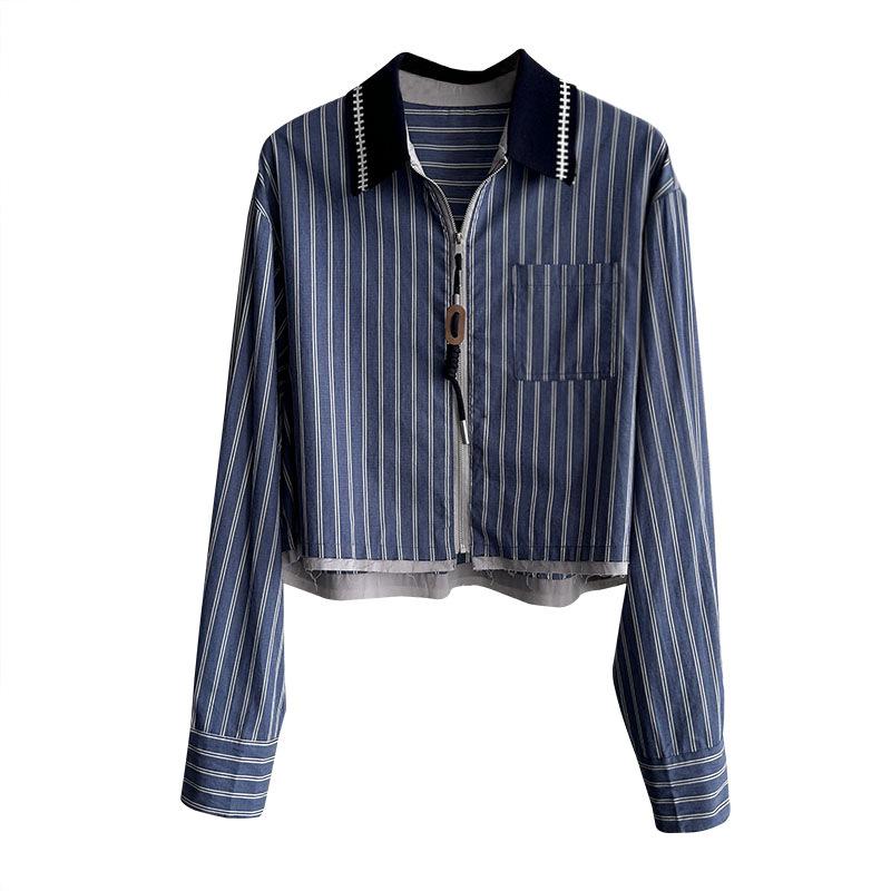 Ju Zhi Early Autumn Retro Dark Blue Striped Women's Long Sleeve Loose Casual Top