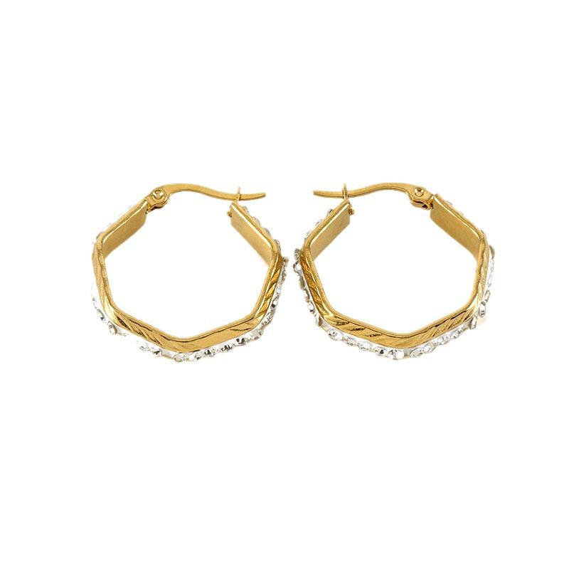 Hexagonal Diamond-Set Gold-Plated Titanium Steel Earrings: European & American Style for Women