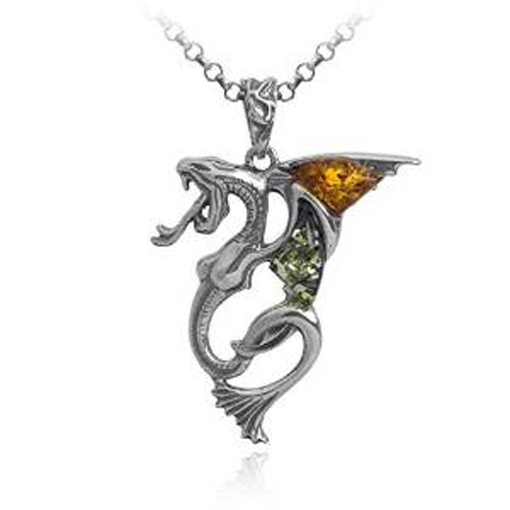 Multicolor Amber Sterling Silver Dragon Pendant Necklace Chain Length 46cm