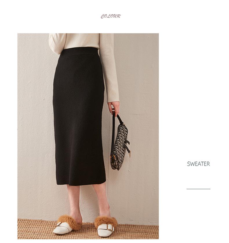 Dámská vlněná sukně střední délky s vysokým pasem a úzkým střihem - Podzimní/zimní trendy pletený hip style