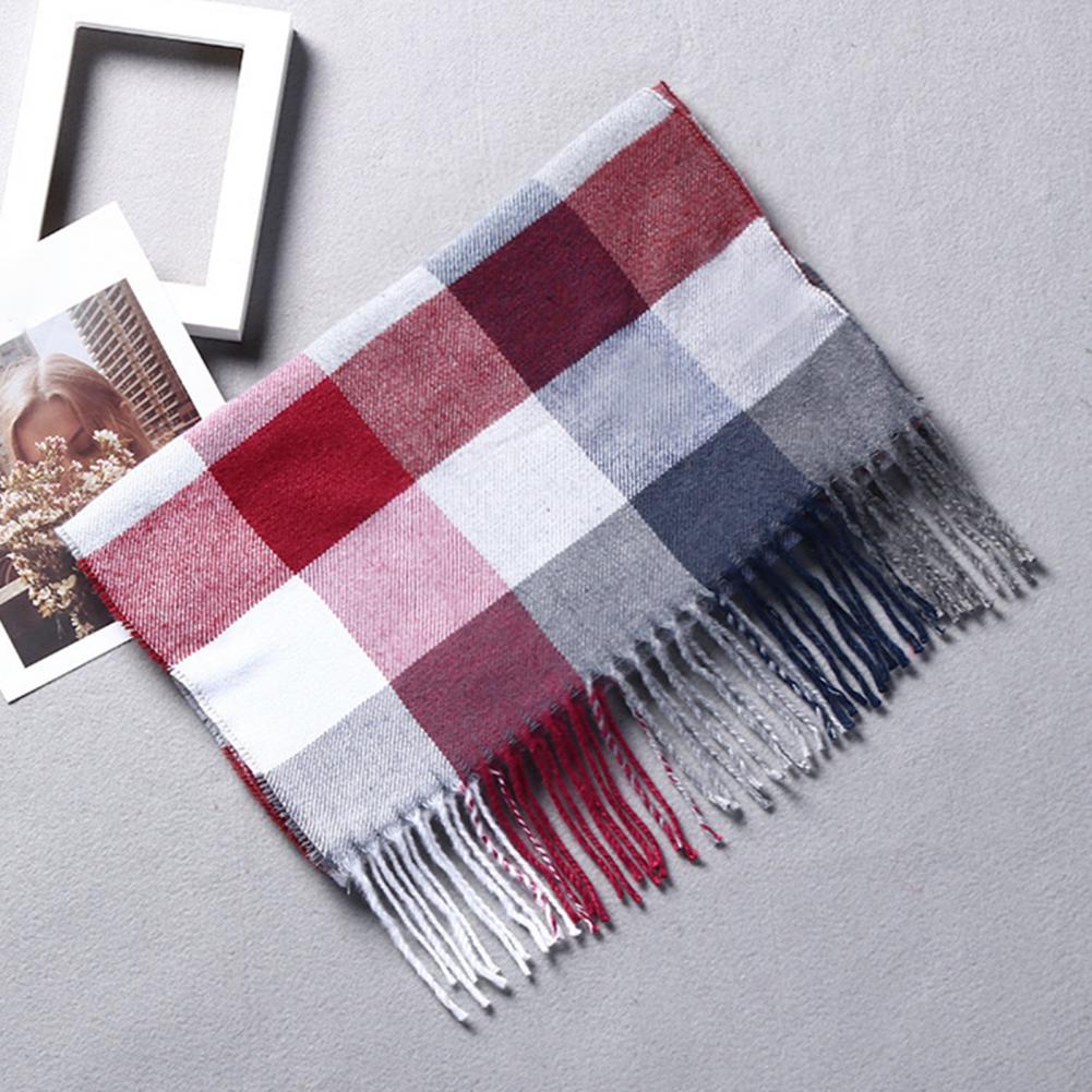 Men Scarf Plaid Pattern Tassel Trim Long Style Wrap Imitation Cashmere Thermal Insulation Scarf Daily Wear